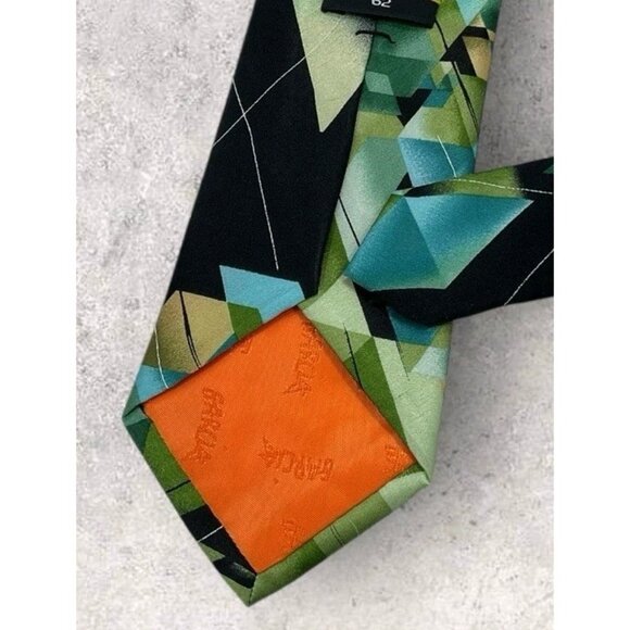J. GARCIA Silk Tie Black Green Geometric Art W:3.2" EUC - Picture 4 of 5